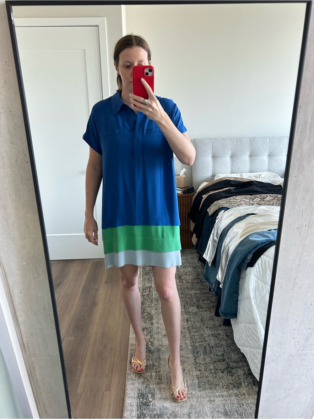 DVF Diane Von Furstenberg Blue Green Colorblock Silk Crepe Shirt Dress XS S